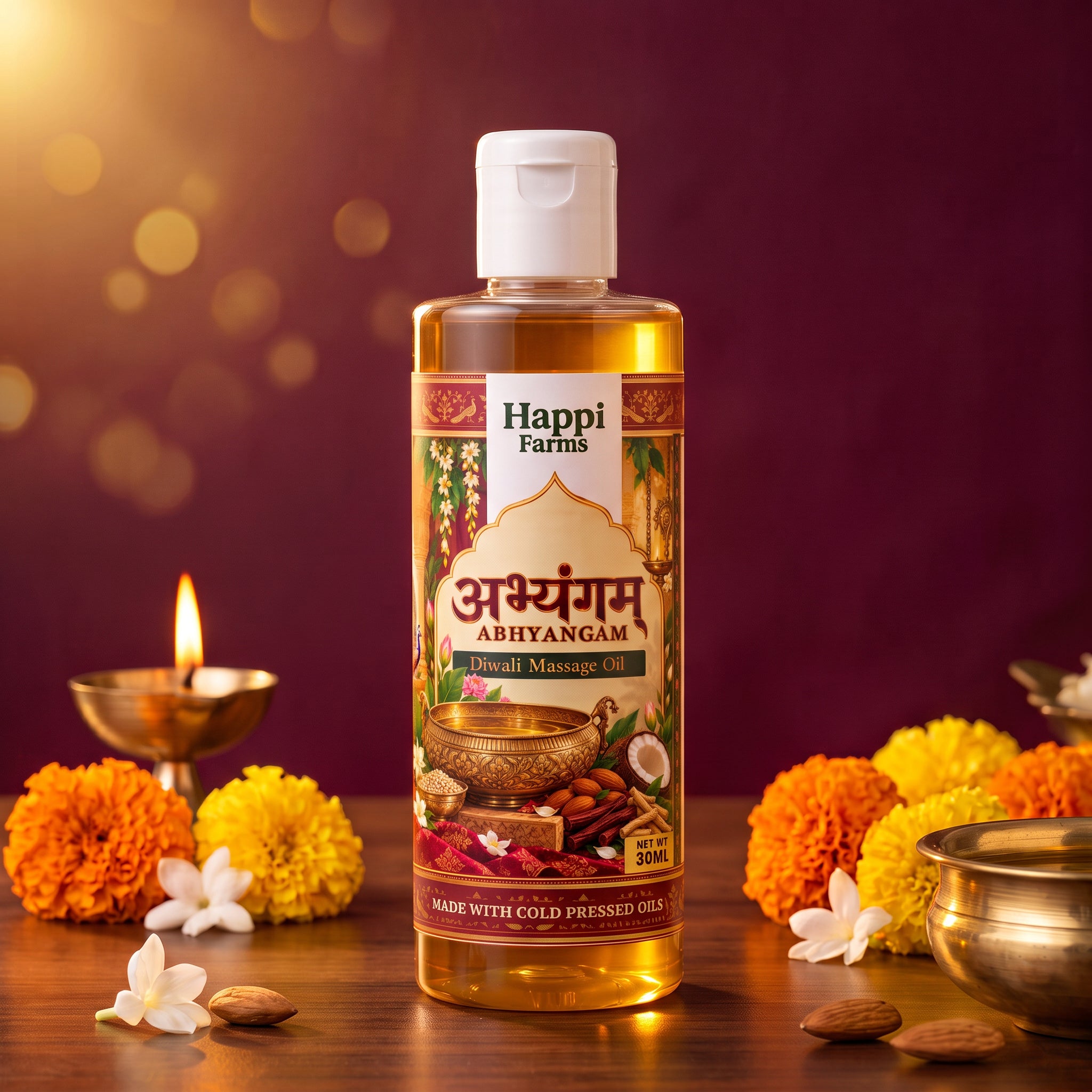 Happi Farms Abhyangam Diwali Massage Oil 30ml bottle with diya and marigolds
