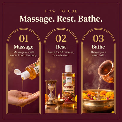 How to use Abhyangam oil: massage, rest, bathe