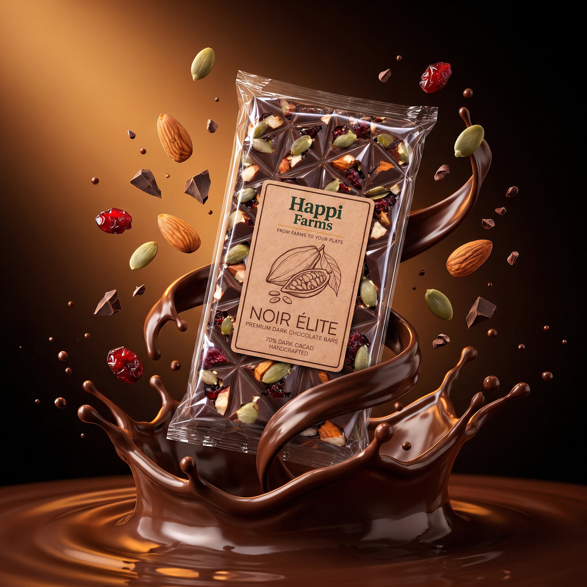 Happi Farms Noir Élite 70% dark chocolate bar 100g with almonds and cranberries