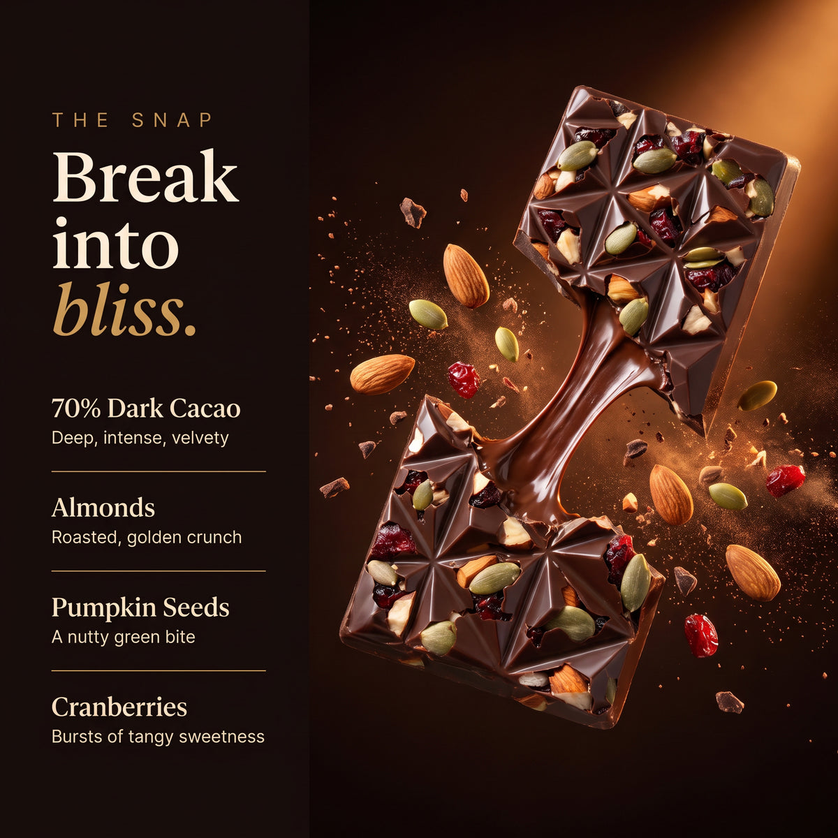 Noir Élite dark chocolate with 70% cacao, almonds, pumpkin seeds and cranberries