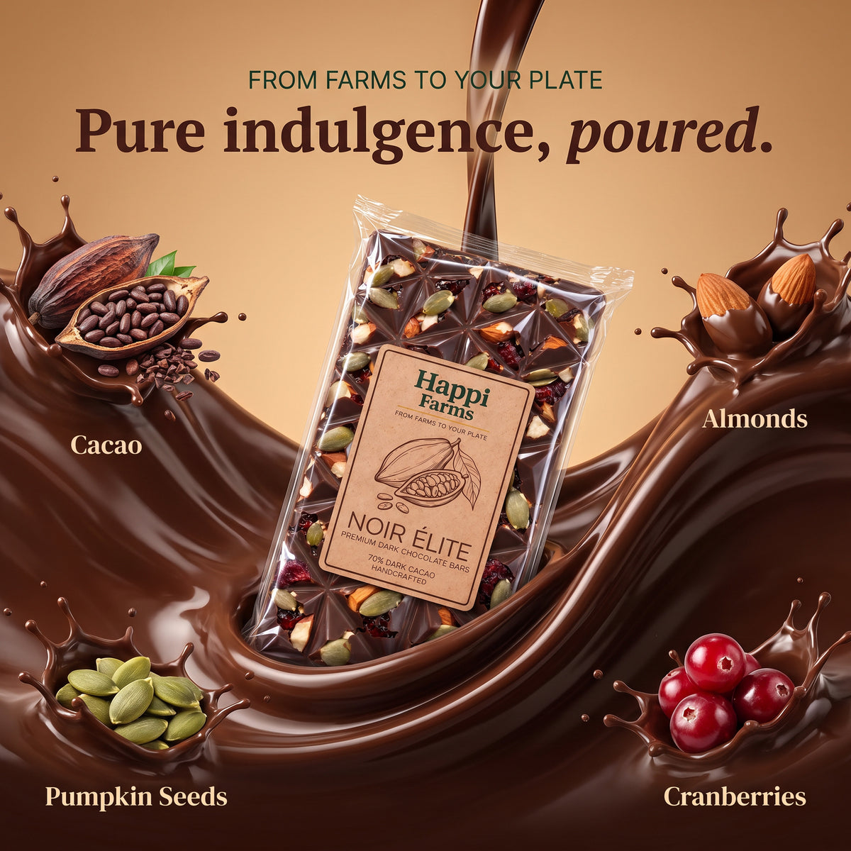 Noir Élite chocolate bar with cacao, almonds, pumpkin seeds and cranberries