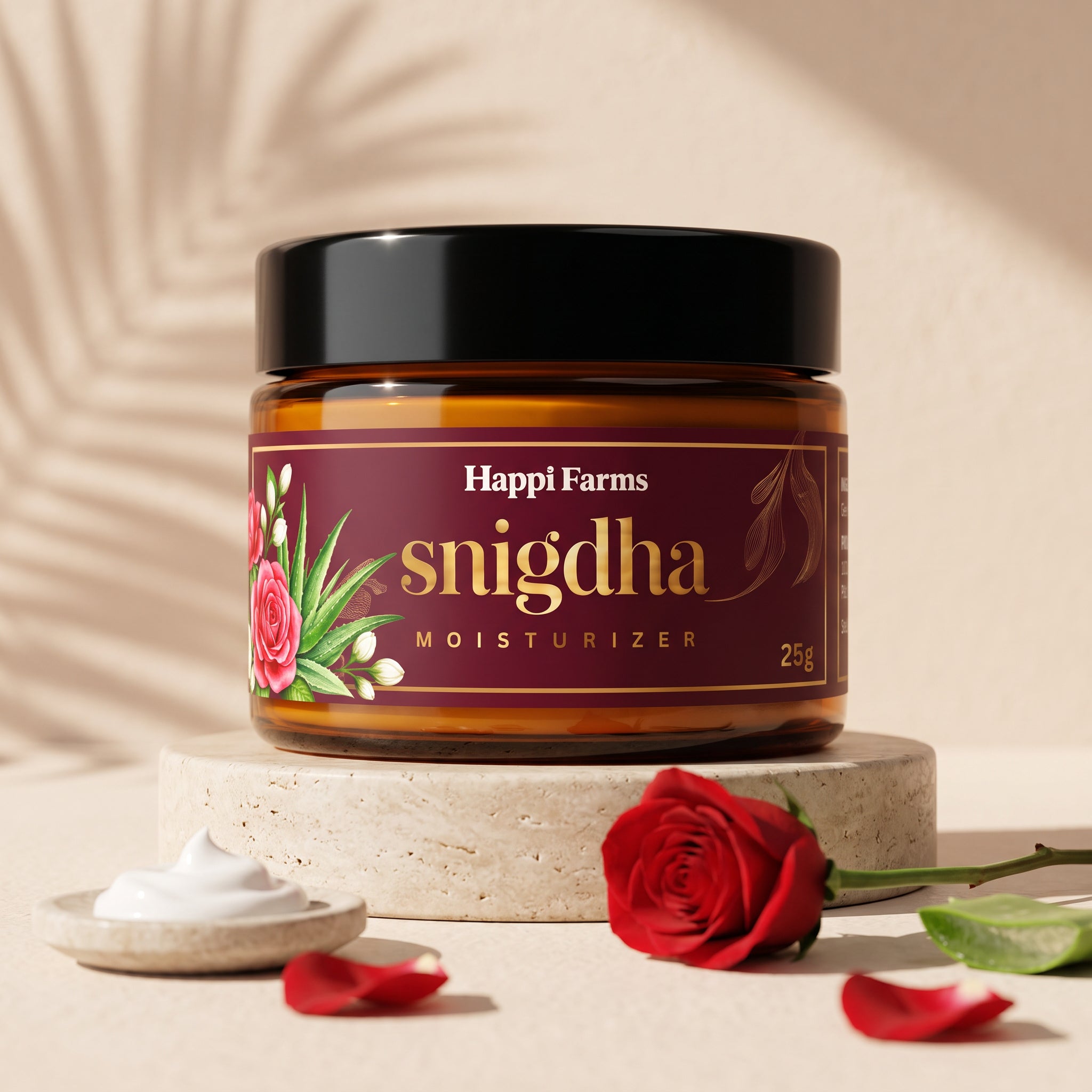 Happi Farms Snigdha Moisturizer 25g amber jar with rose