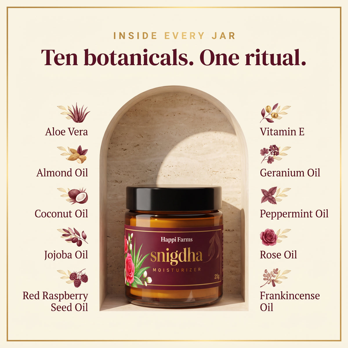 Snigdha moisturizer ten botanicals including aloe vera, almond, jojoba and rose oil