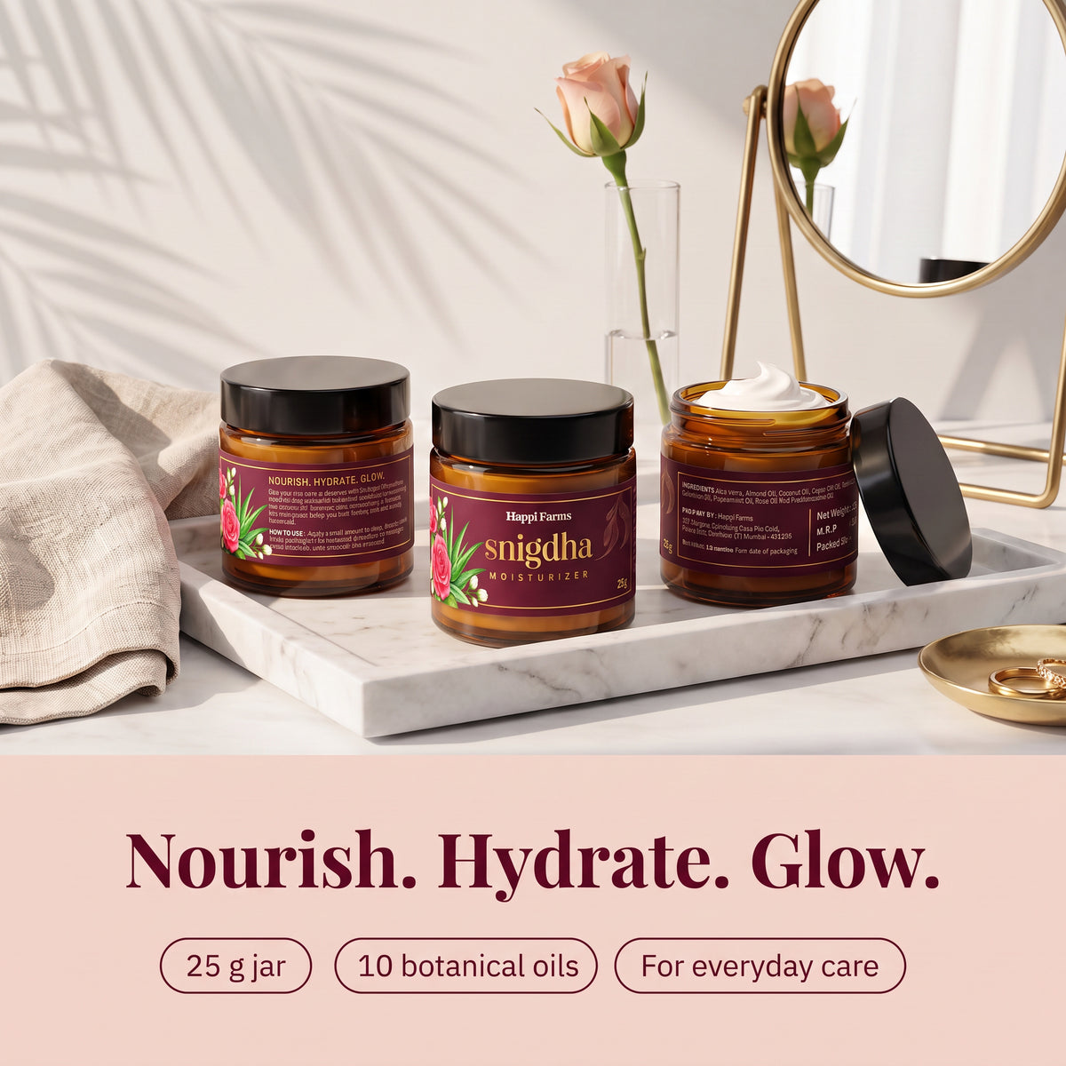 Snigdha moisturizer jars on a vanity tray