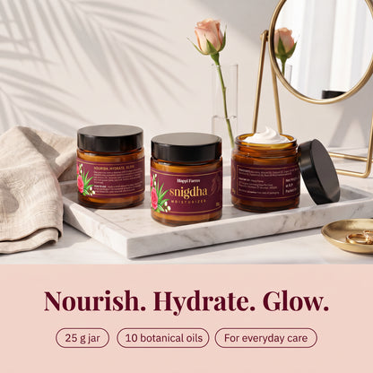 Snigdha moisturizer jars on a vanity tray