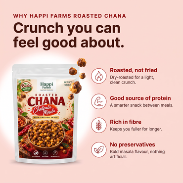 Why Happi Farms Roasted Chana Chatpata Masala – roasted not fried, protein, fibre, no preservatives