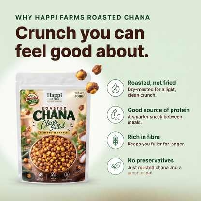 Why Happi Farms Roasted Chana Classic Salted – roasted not fried, protein, fibre, no preservatives