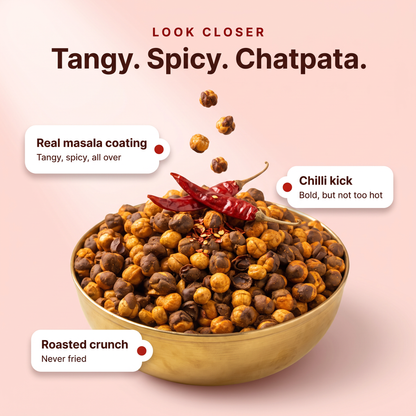 Close-up of tangy spicy chatpata roasted chana in a brass bowl