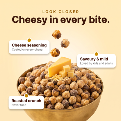 Close-up of cheese-seasoned roasted chana in a brass bowl