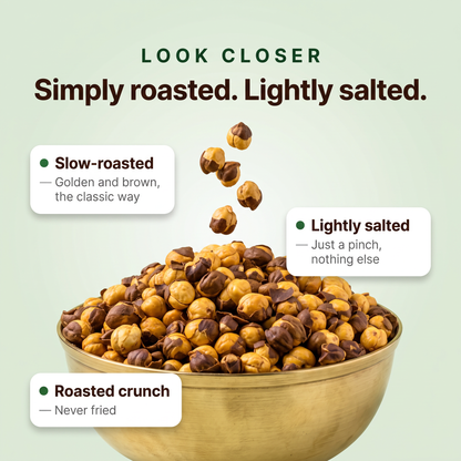Close-up of lightly salted slow-roasted chana in a brass bowl