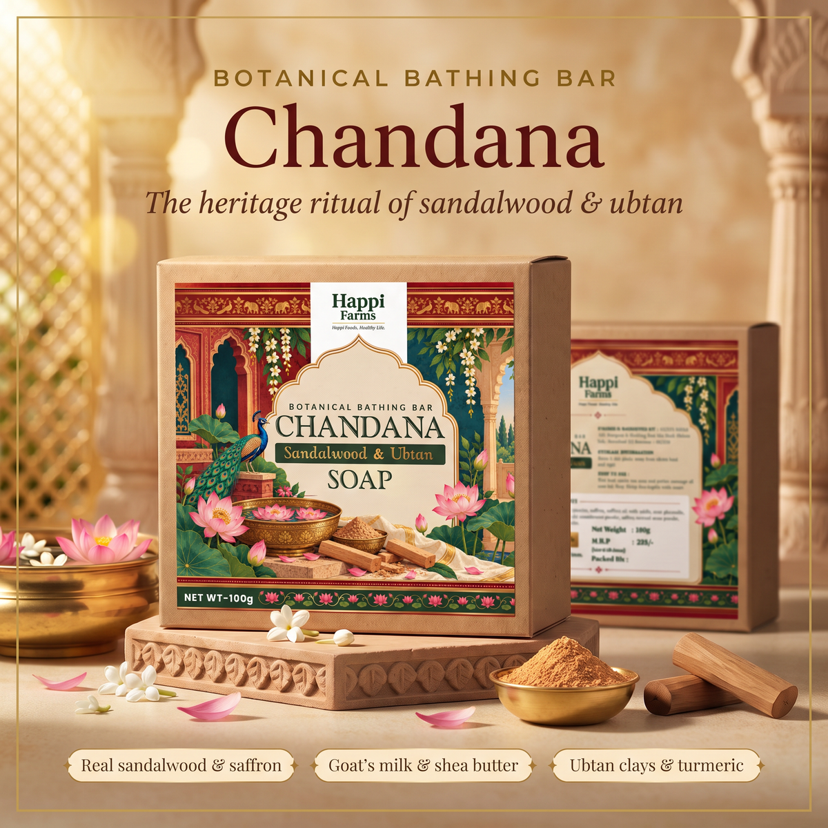 Happi Farms Chandana Sandalwood & Ubtan Soap 100g botanical bathing bar box